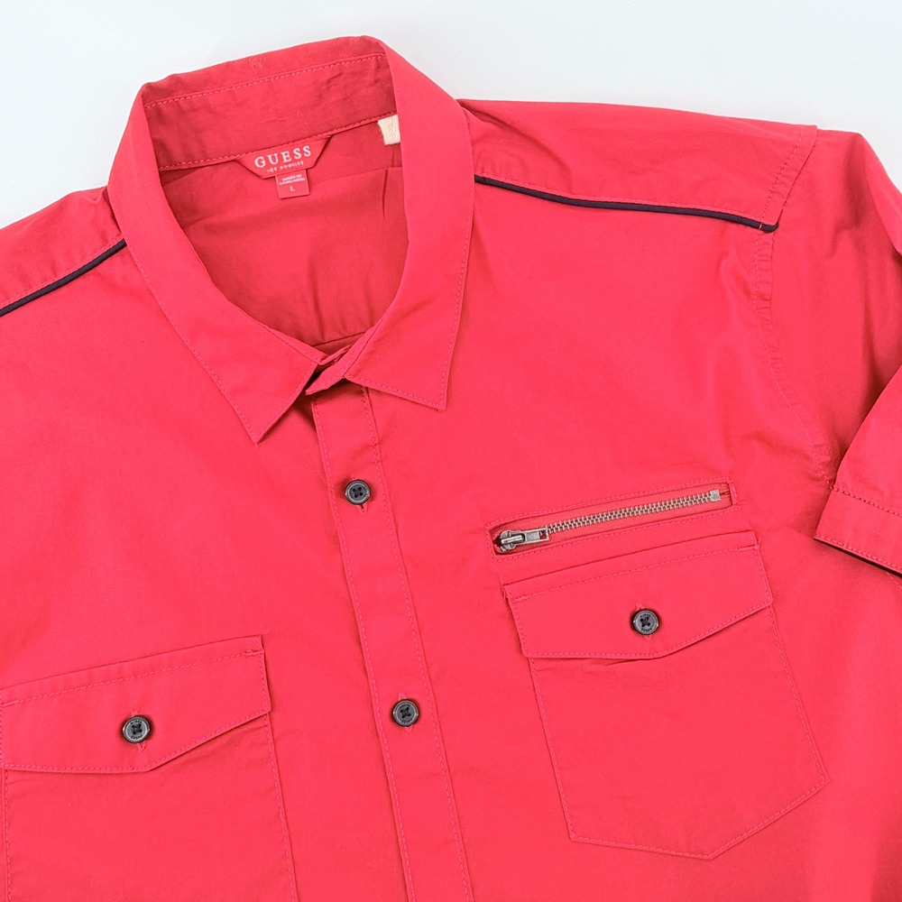 Guess Button Down Shirt Mens Large Red Good Short Sleeve Utility X2GH37WAYB1